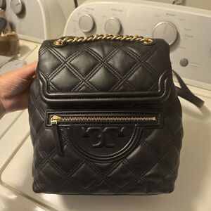 Tory Burch Fleming Black Quilted Backpack with Gold Chain